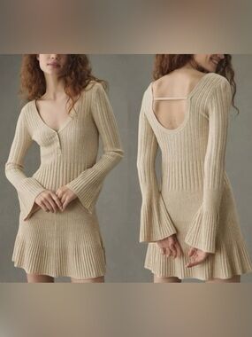 Daily Practice by Anthropologie Beige Ribbed Knit Bell-Sleeve Dress